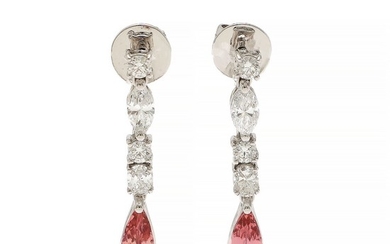 A pair of topaz and diamond ear pendants each set with a pink topas and four diamonds, mounted in 18k white gold. (2)