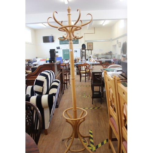A pale beech bentwood hat and coat stand, 186cm high.
