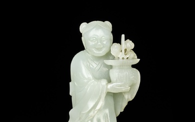 A pale celadon jade figure of an immortal, Qing dynasty, Qianlong period | 清乾隆 青白玉仙人立像