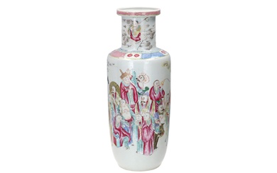 A polychrome porcelain rouleau vase, decorated with Luohan (Arhat). Unmarked. China, 19th century. H. 44.5 cm.