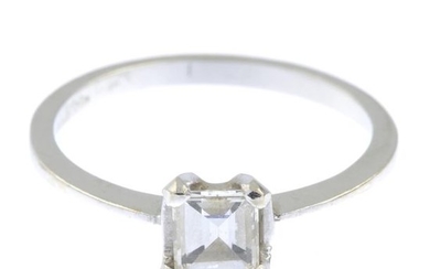 A rectangular-shape diamond single-stone ring. Estimated diamond weight...