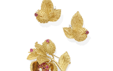 A ruby and diamond brooch and ear clip set