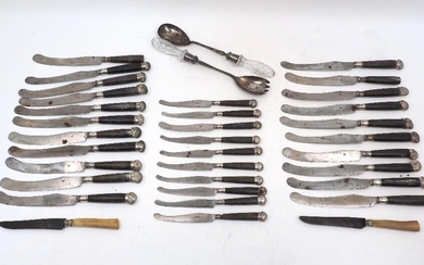 A set of 18th century knives with silver mounted wooden handles, comprising 21 table knives and 10 dessert knives, several of the smaller knives stamped 'SHEMEL' to blades, all unmarked, some damage, together with a pair of silver plated salad...
