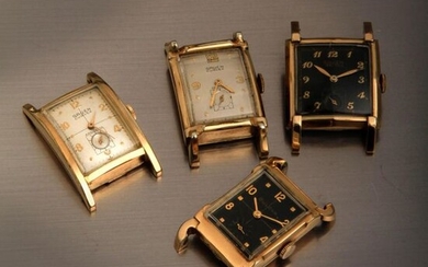 A set of 4 American gold-plated metal watches, stylized rectangular cases, second hand at 6 o'clock, manual winding. (3 Gruen and 1 Bulova).x000D_