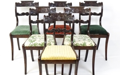A set of six early / mid 19thC Irish dining chairs with flor...