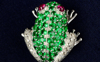 A tsavorite garnet and rose-cut diamond frog brooch, with ruby cabochon eyes.