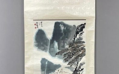 A vertical scroll of Chinese ink-on-paper landscape and figure painting by He Haixia
