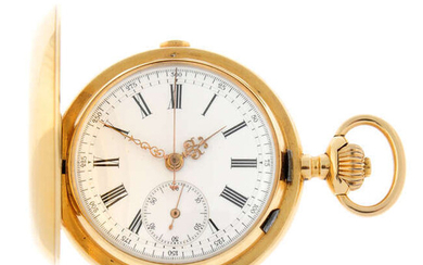 A yellow metal full hunter repeater chronograph pocket watch, 53mm.