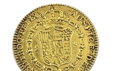 AN 18TH CENTURY SPANISH 18CT GOLD TWO ESCUDOS COIN, DATED 17...