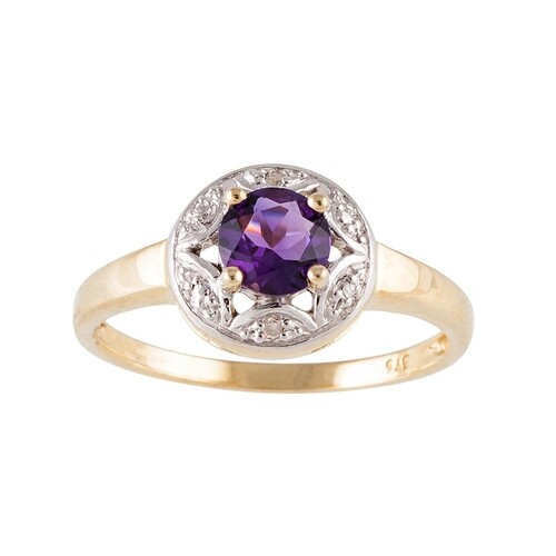 AN AMETHYST RING, set with diamond points, mounted in 9ct ye...