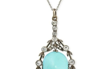 AN ANTIQUE TURQUOISE AND DIAMOND PENDANT NECKLACE the pendant comprising a row of old cut diamonds
