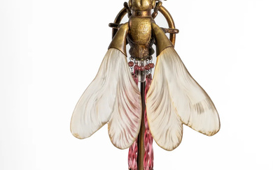 AN ART NOUVEAU GILT-BRASS AND FROSTED GLASS TABLE LAMP IN THE FORM OF A DRAGONFLY AND FLOWER