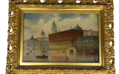 AN OIL ON CANVAS PAINTING DEPICTING A VENETIAN CANAL...