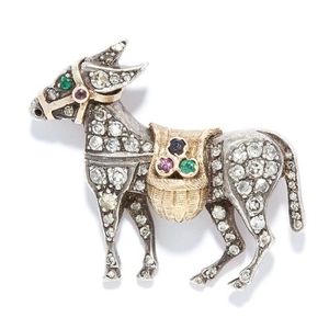 ANTIQUE GEMSET DONKEY BROOCH in yellow gold and silver