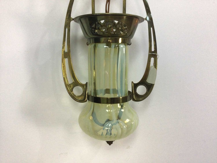 ARTS & CRAFTS BRASS AND OPALESCENT GLASS PENDANT CEILING LIGHT CIRCA 1900-10
