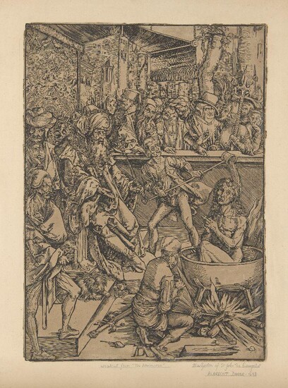 After Albrecht Dürer, German 1471-1528- The martyrdom of St John the Evangelist, from the Apocalypse Series; woodcut on laid paper, 38.8 x 28 cm., with a chromolithograph by Cecil Aldin (1870-1935), 'Cricket', bears inscription (Professor Sydney...