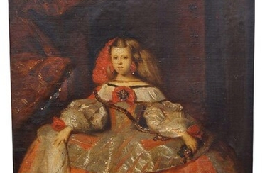 AMENDMENT: Please note that this lot is oil on paper laid down on canvas, not oil on canvas as previously stated. After Diego Velázquez, Spanish, 1599-1660- Infanta Margarita Teresa in a Pink Dress; oil on hexagonal shaped canvas, 33 x 24.5 cm.