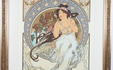 Alphonse MUCHA (1860-1939), d'après. Femme Art-Nouveau. Lithographie en couleurs sur vélin d'Arches contresignée par l'éditeur...