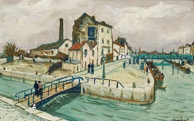 Alphonse Quizet, French 1885-1955 - Canal scene with bridge; oil on board, signed lower right 'Quizet', 16.5 x 24.4 cm (ARR) Provenance: The Geoffrey and Fay Elliott Collection and thence by descent