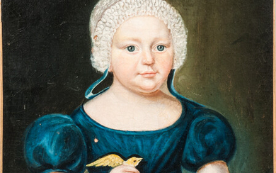 American School, 19th Century Portrait of a Girl in Blue Dress Holding a Canary