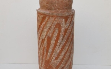 A Neolithic period Chinese terracotta pottery vase of cylinder...