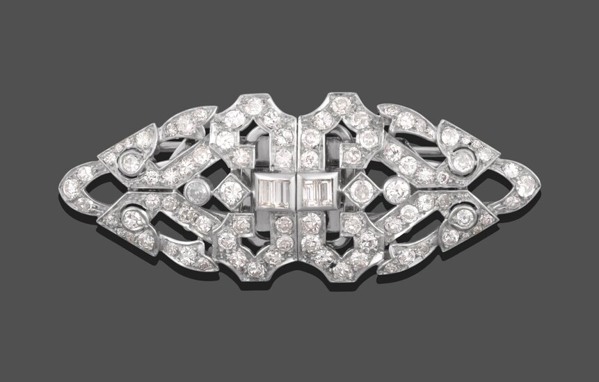 An Art Deco Diamond Double Clip Brooch, the geometric form inset with baguette cut, old cut and...