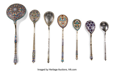An Imperial Group of Seven Russian Silver Gilt, Cloisonne Enamel and Niello Spoons