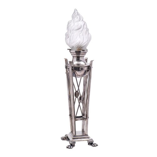 An early 20th Century plated table lamp: the circular reserv...