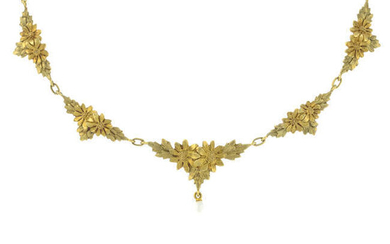 An early 20th century 18ct gold floral necklace, with seed pearl drop.