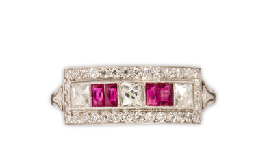 An early Art Deco ruby, diamond and platinum ring
