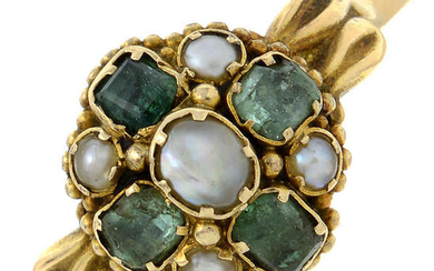 An early Victorian 15ct gold emerald and seed pearl cluster ring.