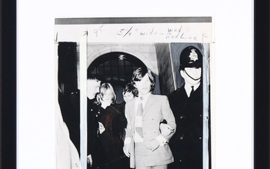 An original English black-and-white press photograph depicting Mick Jagger and Marianne Faithfull leaving the Marborough Street court rooms January 26th 1970.