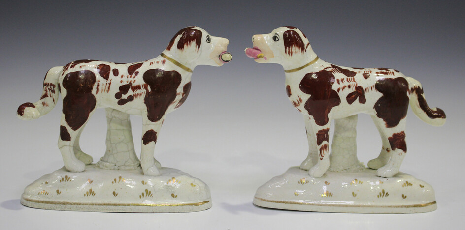 An unusual pair of Staffordshire pottery dogs, mid to late 19th century, standing four square on gil