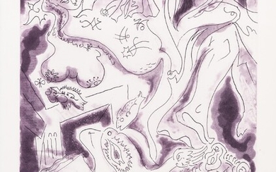 Andre Masson (1896-1987) Les nymphes de Fontainebleau 1973-1975, edition of 50. Signed "André Masson" in pencil lower right, numbered "33/50" in pencil lower left. Etching and aquatint in violet and black on paper, framed. plate size 15 1/2 x 11 1/4...