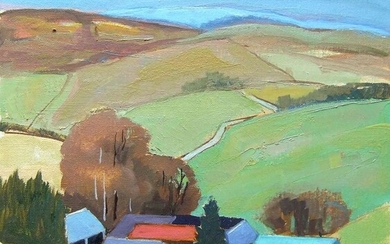 Andrew Binnie (British, B.1935) "Cheviot Hill Farm" oil on canvas, signed to lower left, 36cm x 36cm