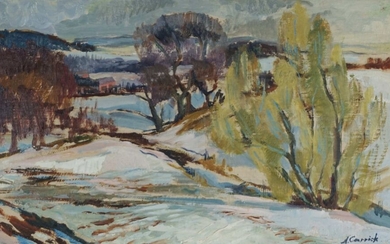 Anne Carrick, Scottish (1919 - 2015) The Midlem Burn in Snow oil on board, signed LR: A.Carrick