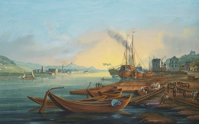 Ansicht des Donauufers. Um 1820. Gouache auf Papier, ganzflächig kaschiert auf Malkarton. 43,5