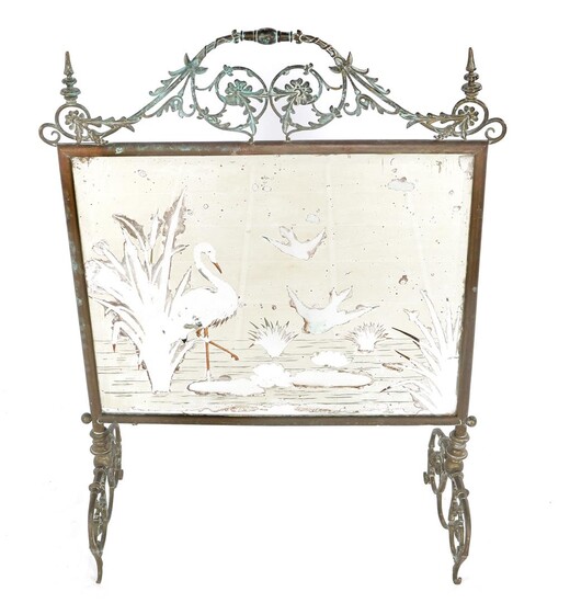 (-), Antieke koperen haardscherm met spiegeldecoratie met voorstelling...