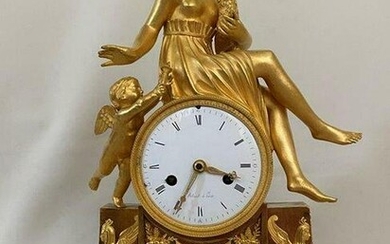 Antique Empire Gilt Bronze Clock Goddess with Cherub