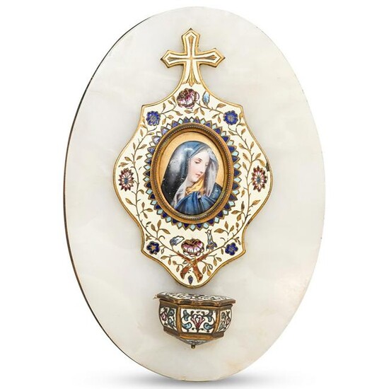 Antique Enameled Holy Water Font