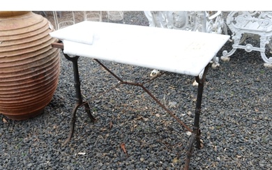 Antique French iron garden or patio table with marble top, (...