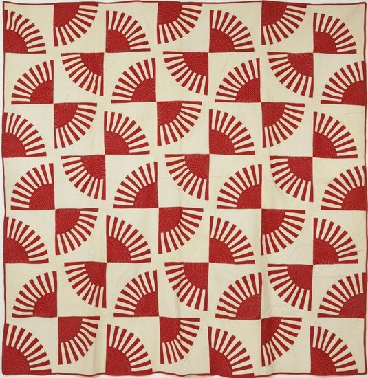 Antique Red and White Quarter Fan Patchwork Quilt, 19th Century