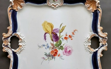 Antique XIX Century Meissen Porcelain Square Tray hand painted under the glaze with gilt, embossed