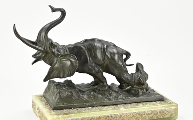 Antique bronze elephant on onyx base. By S. Norga. Sylvain Norga, 1892 - 1968. Dimensions:...