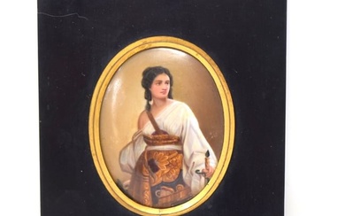 Antique miniature porcelain plaque, lady with a sword