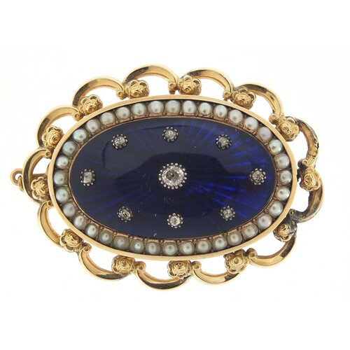 Antique unmarked gold, diamond, seed pearl and blue enamel b...