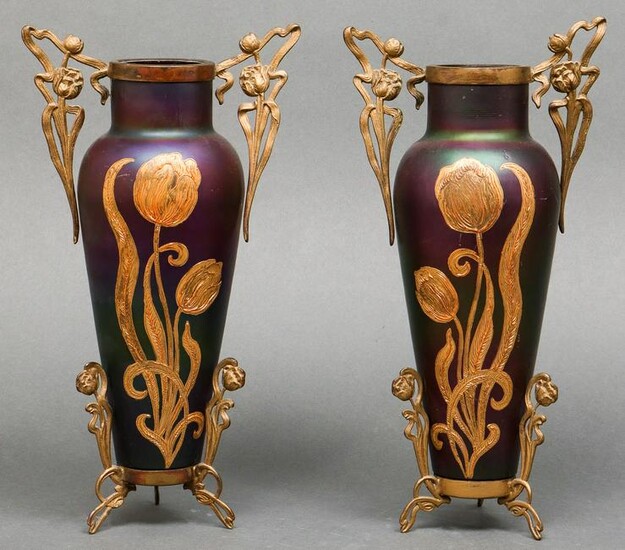 Art Nouveau Iridescent Glass & Metal Vases, Pr
