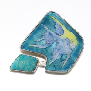 Artisan Sterling Silver, Enamel and Turquoise Angel Fish Pin Brooch