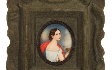 NOT SOLD. Artist unknown, 19th-20th century: Miniature portrait of a woman in a Greek inspired white dress. Signed. Oil on bone. Oval. 6 x 5 cm. – Bruun Rasmussen Auctioneers of Fine Art
