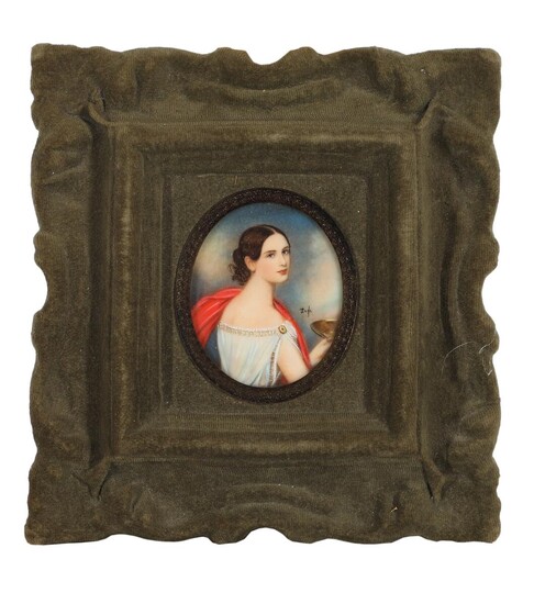 NOT SOLD. Artist unknown, 19th-20th century: Miniature portrait of a woman in a Greek inspired white dress. Signed. Oil on bone. Oval. 6 x 5 cm. – Bruun Rasmussen Auctioneers of Fine Art